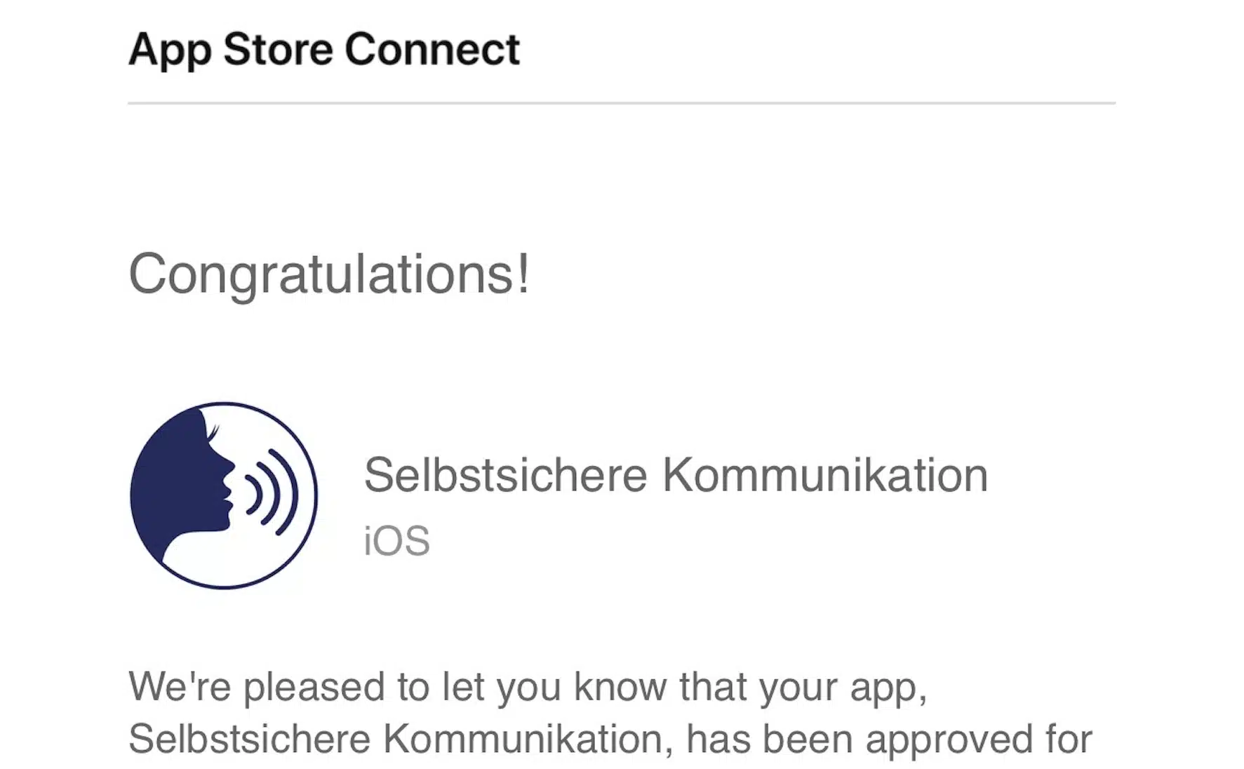 Bestätigung des App Stores, dass die App "Selbstsichere Kommunikation" zugelassen und online ist.